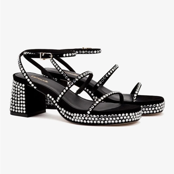 LARROUDE GIO CRYSTAL SANDAL IN BLACK SUEDE STRAPPY BLOCK HEELS LUXURY ELEGANT - Picture 1 of 13